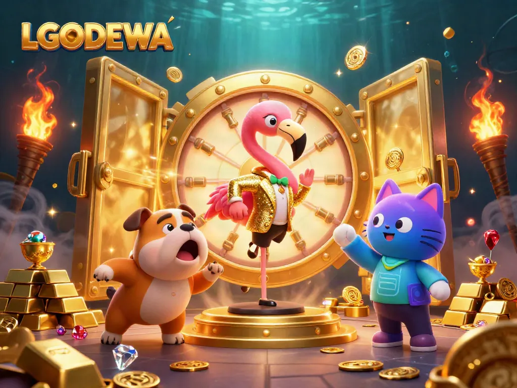 Experience exciting moments at LGODEWA with a vibrant casino-themed illustration featuring a game show host, contestant, and prizes.