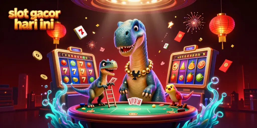 Visualisasi slot gacor hari ini dengan dinosaur dan elemen kasino yang dinamis