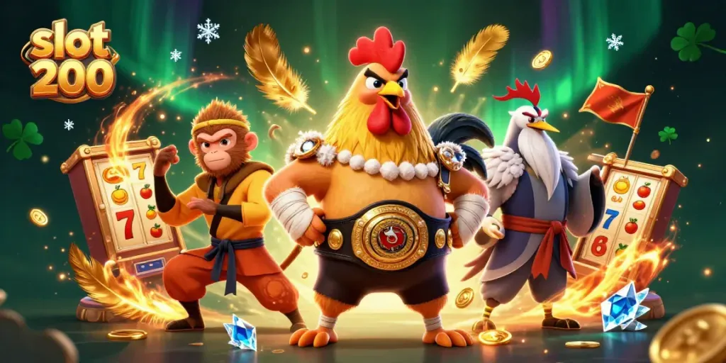 Play exciting slot 200 games with vibrant characters and thrilling atmosphere in this dynamic casino illustration.