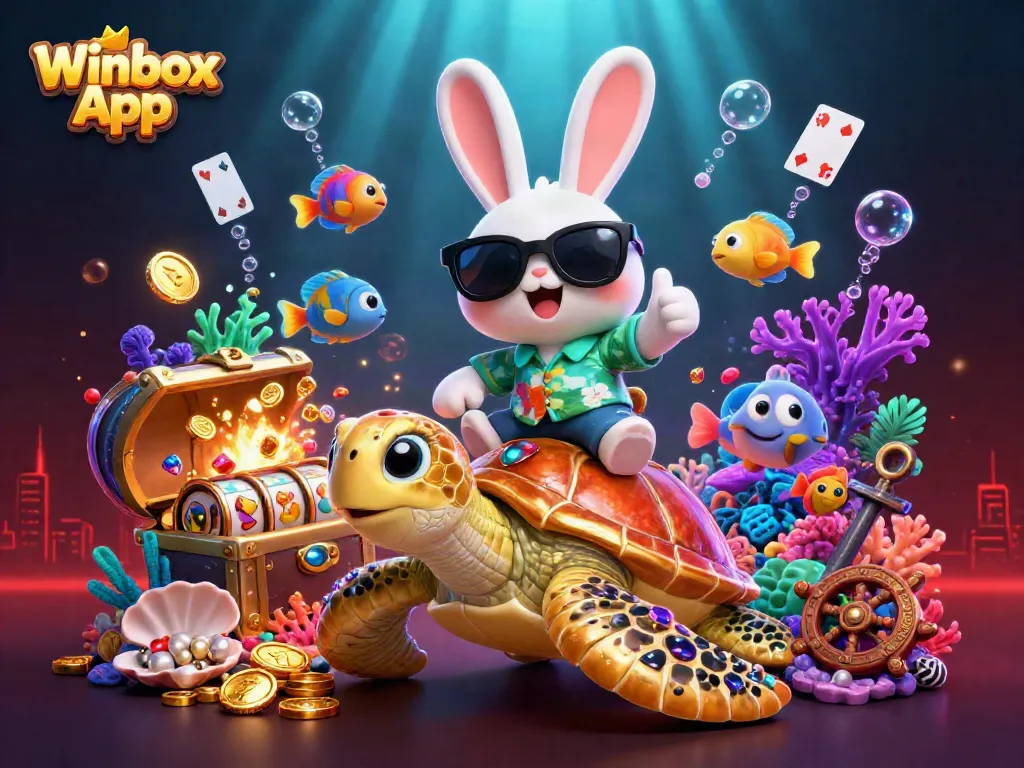 Winbox App offers rich gaming experiences with exciting treasures and casino themes in this vibrant illustration.