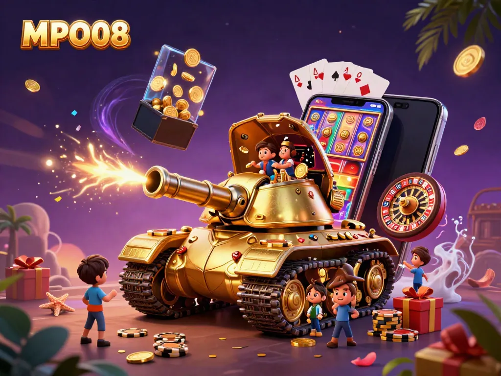 Experience thrilling gameplay with MPO08's vibrant mini casino scene featuring colorfully erupting slot machines.