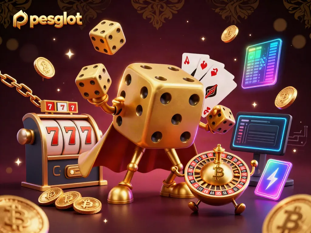 Experience the excitement of pesgslot with vibrant 3D casino elements and animated golden dice characters.