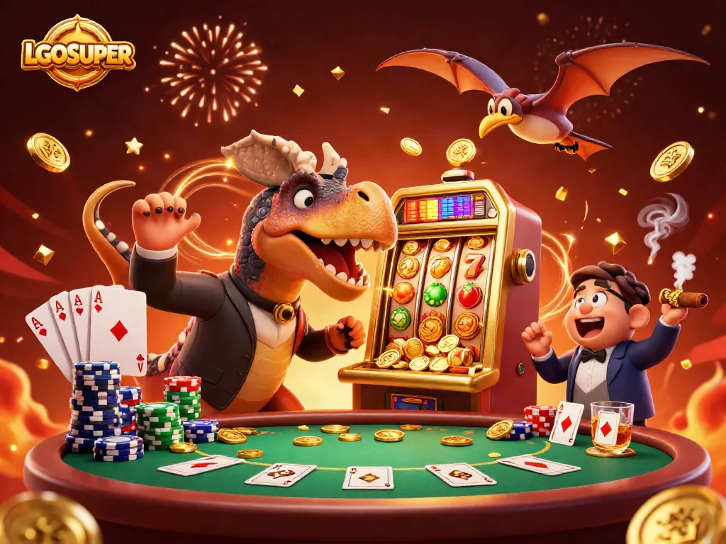 Celebrate with LGOSUPER as a pachycephalosaurus hits a golden slot machine for jackpot coins.