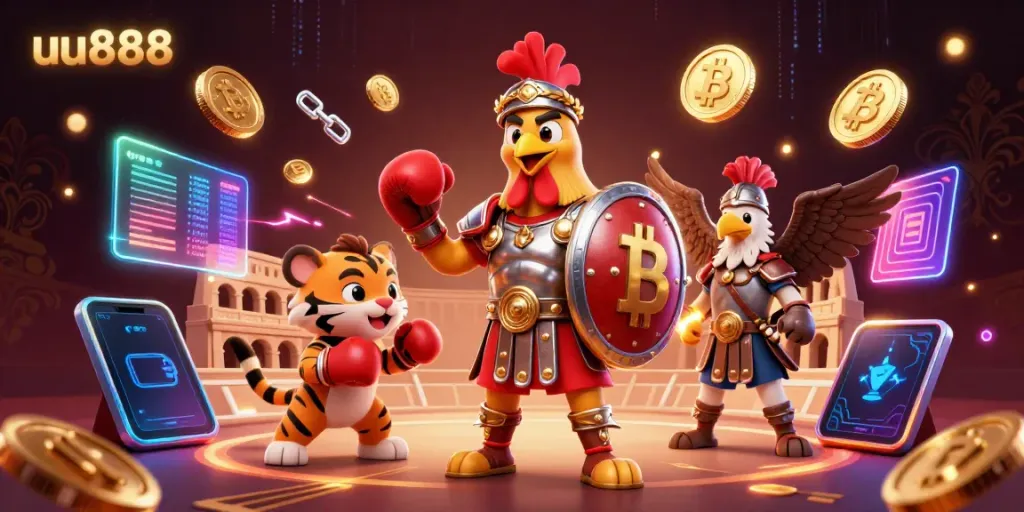 Experience the action at uu888 with cartoon gladiator rooster and crypto gaming elements.