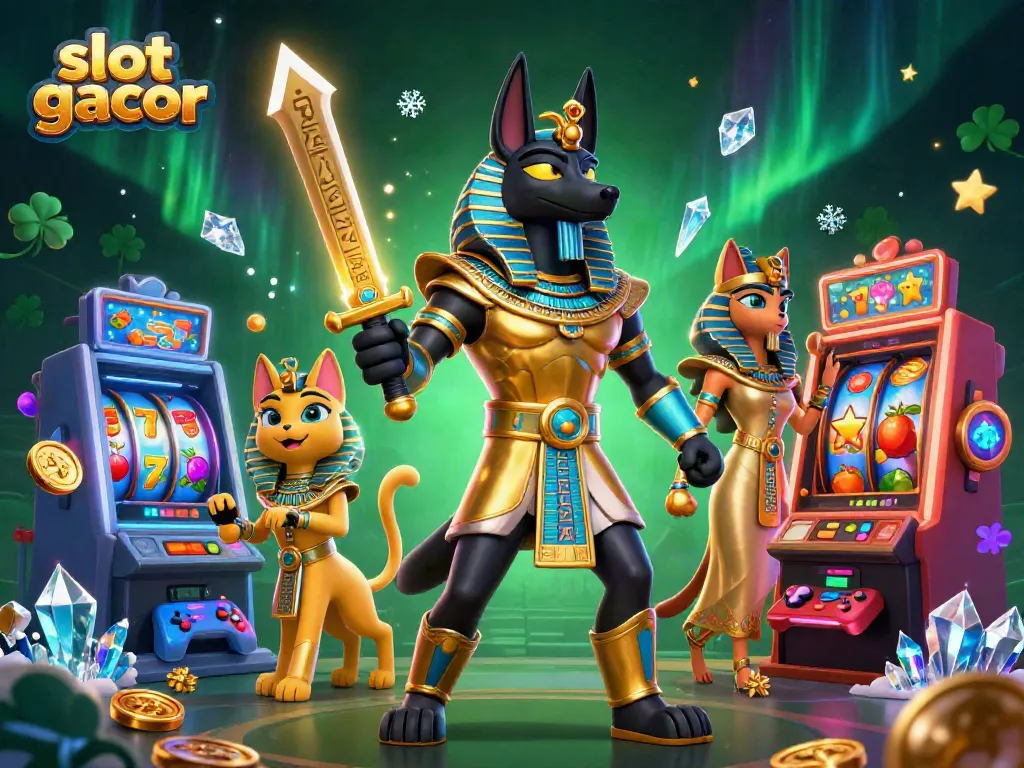 Experience winning excitement with slot gacor featuring Anubis and Bastet amidst vibrant casino elements.
