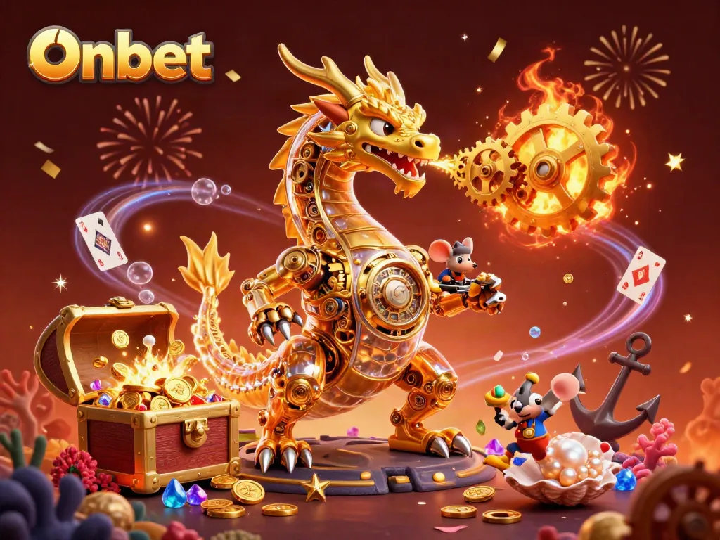 Experience thrilling gameplay at Onbet with our golden dragon and vibrant casino elements in a fantasy scene.