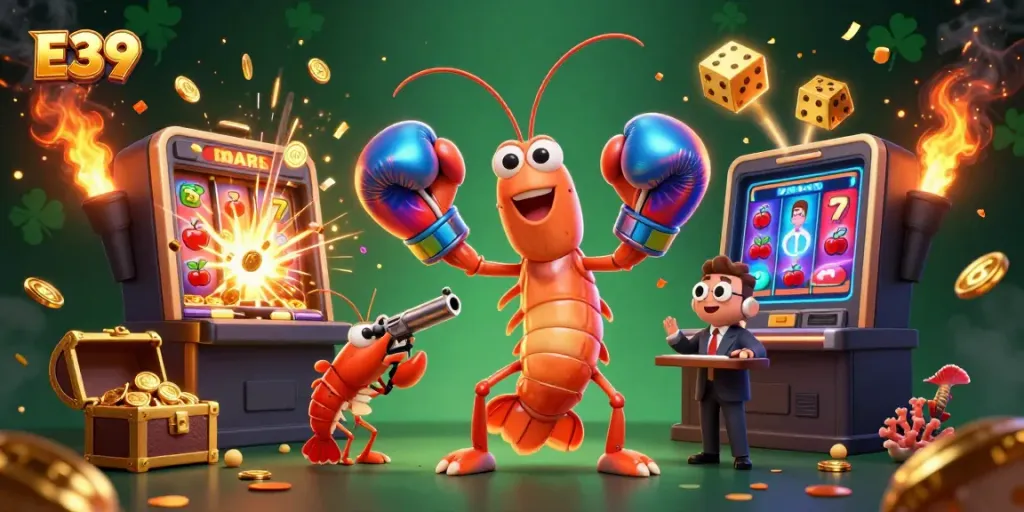 An interactive and vibrant E39 casino scene featuring a mantis shrimp in boxing gloves, jackpot explosions, and playful casino elements.