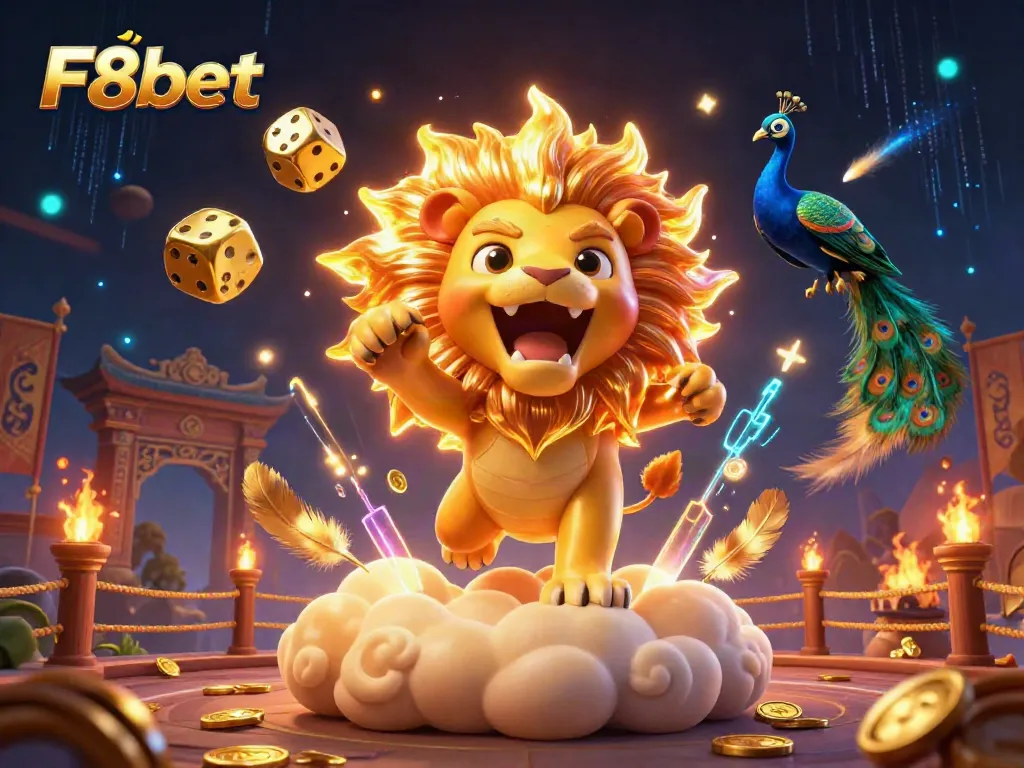 Experience thrilling wins with F8bet in a vibrant casino showdown featuring a roaring lion and golden dice.