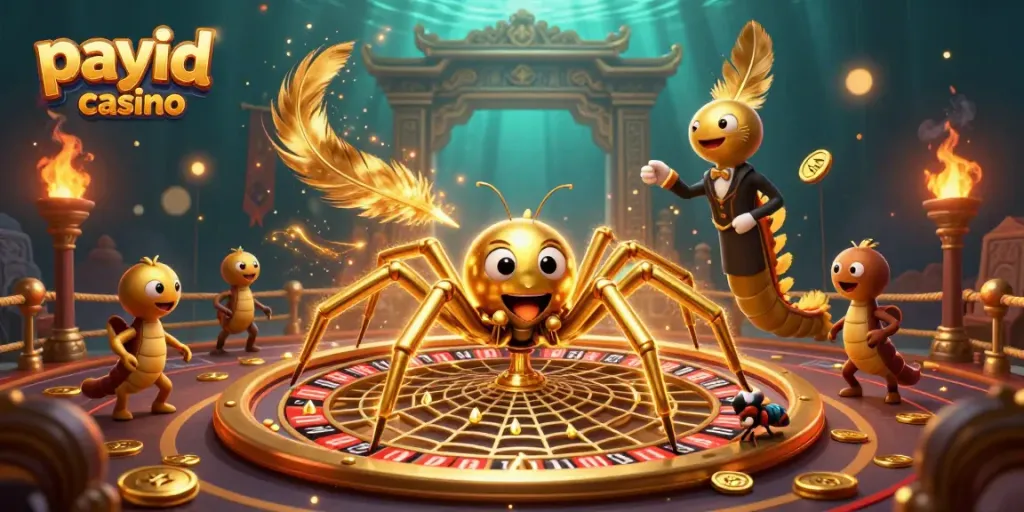 Experience the thrill of a payid casino as a golden spider spins a roulette wheel web in this vibrant 3D illustration.