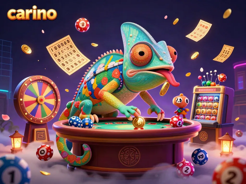 Engaging casino scene with carino chameleon collecting coins and vibrant game elements dynamically.