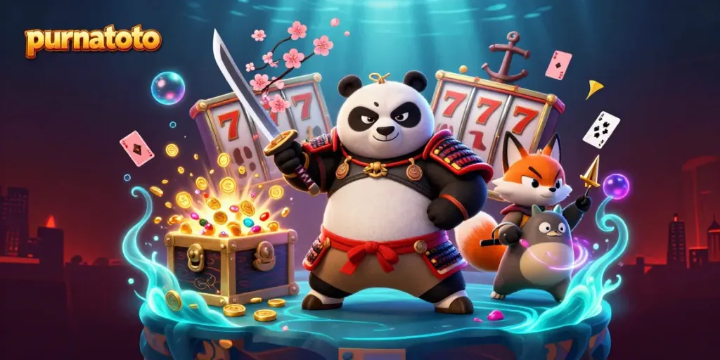 PURNATOTO menampilkan panda samurai dan rubah ninja di dalam slot online berhiaskan emas dan permata.