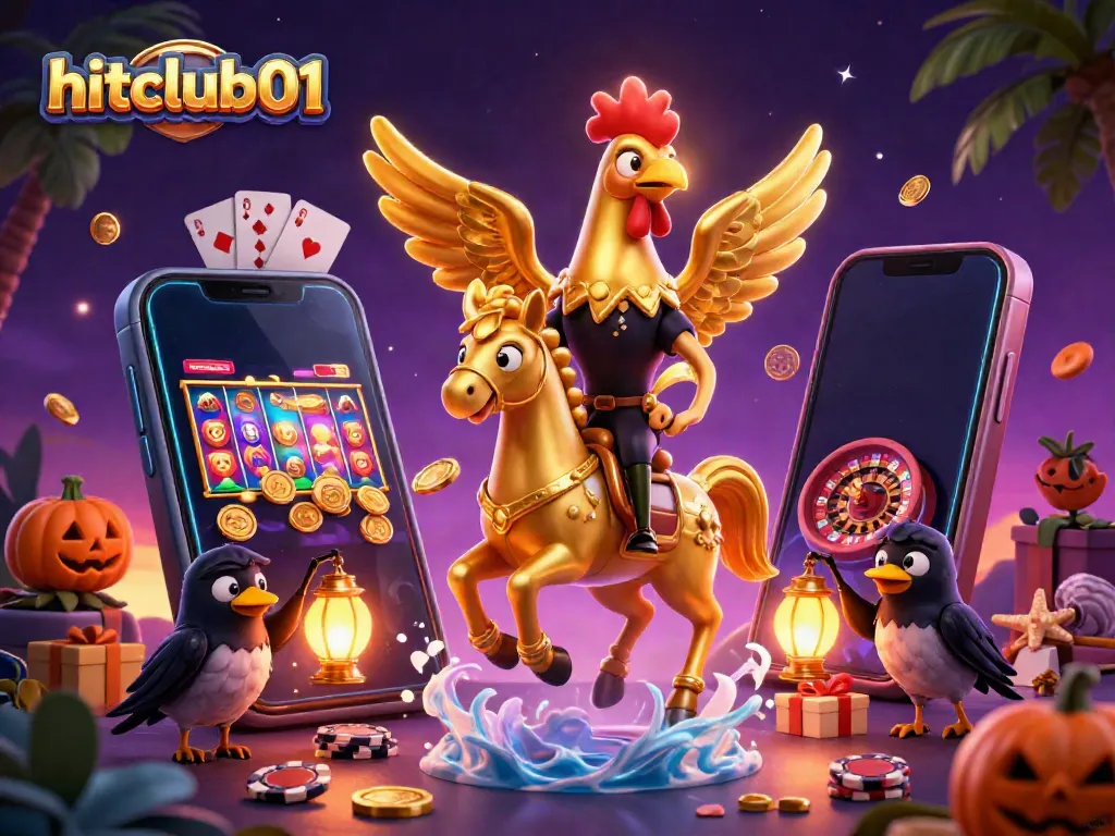 Experience the magic of hitclub01 with a golden rooster and spectral horse in a colorful casino.