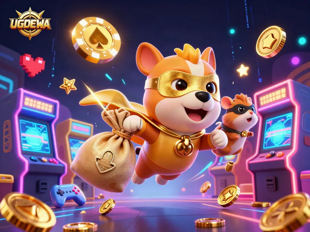 Play games and win big with UGDEWA, featuring a vibrant 3D casino scene full of animated characters.