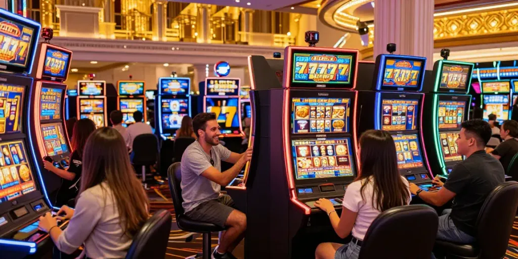 Players celebrating a win at a Lucky777 slot machine in a vibrant Las Vegas casino setting.