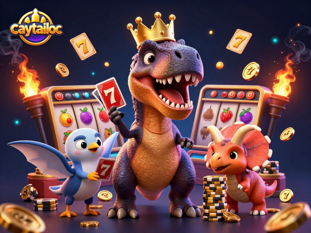 Engage with the exciting world of caytailoc, featuring a cartoon dinosaur shuffle cards and stack chips in a vibrant casino.