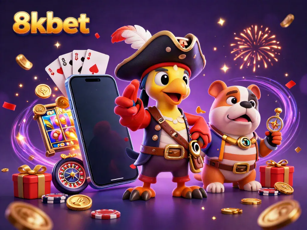 Experience the thrill of 8xbet with a dynamic 3D casino scene featuring a pirate captain and games.