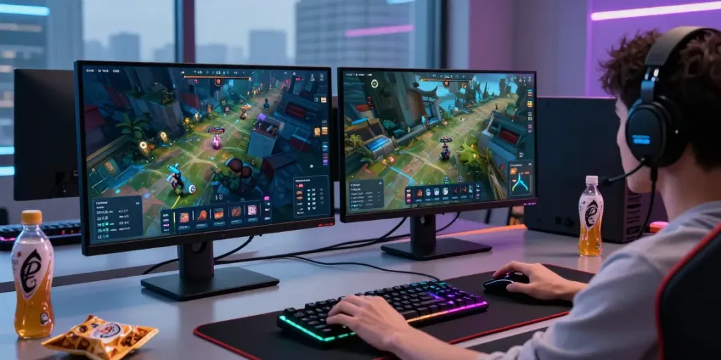 Engaging gaming scene illustrating singatoto login on dual monitors with vibrant graphics.