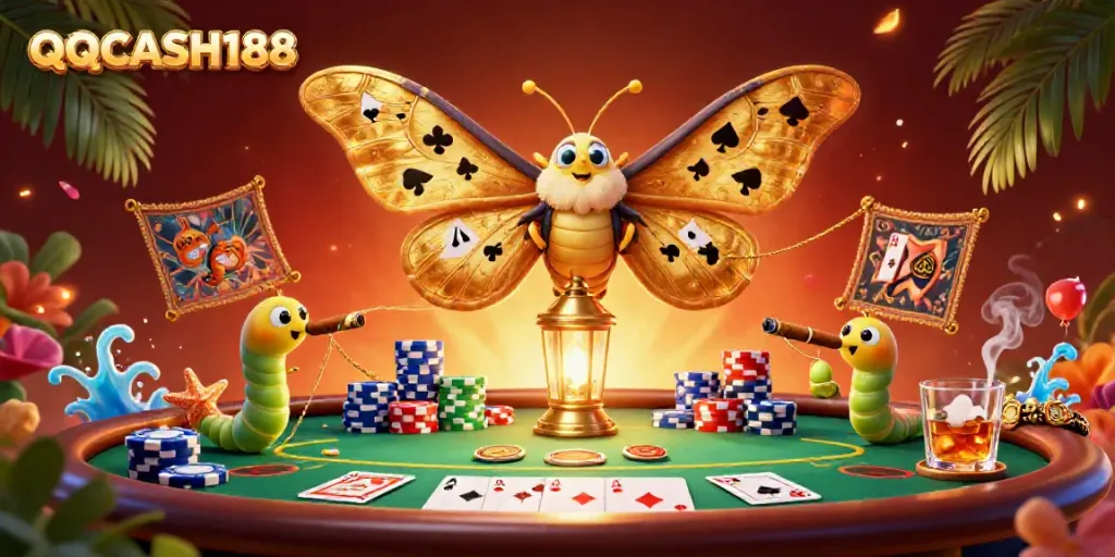 Engage in thrilling casino action with QQCASH188, featuring an atlas moth and poker elements in a vibrant 3D scene.