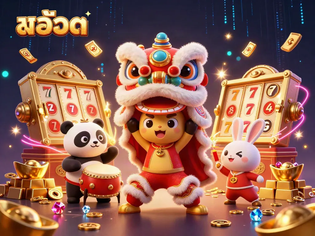 Spin the reels of สล็อต as vibrant characters celebrate with treasures and jackpot excitement.