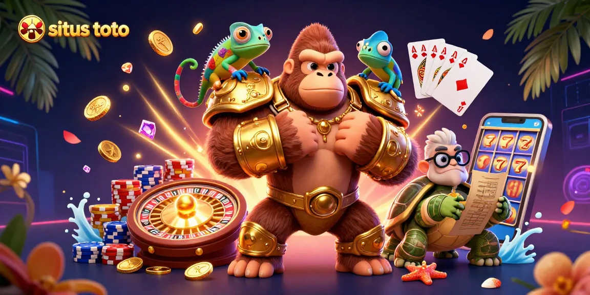 Spin and win with situs toto featuring a gorilla king, colorful chips, and dynamic casino elements.