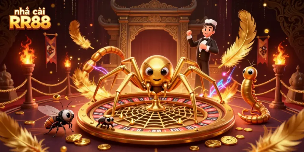 Engaging scene of nhà cái RR88 with a betting spider, roulette web, and dynamic game elements.