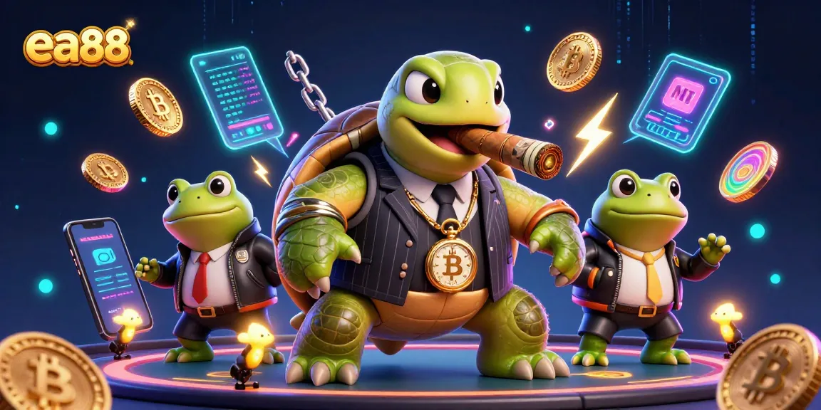 ea88 offers exciting casino experiences portrayed by a mobster turtle and bullfrog enforcers in a vibrant scene.